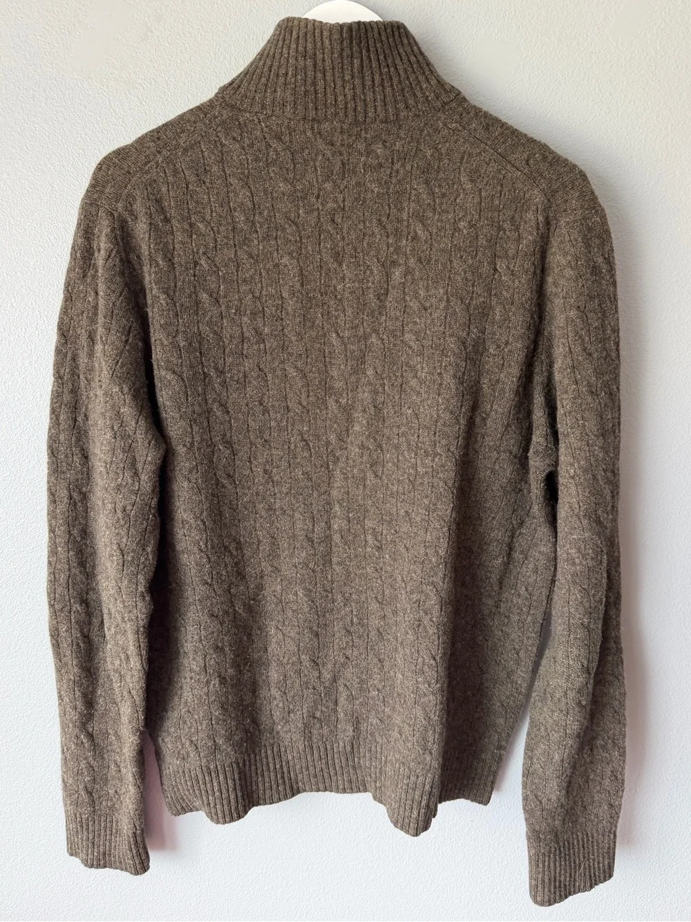 J Crew brown grey cable knit quarter zip 100% wool pullover sweater Men’s sz XL
